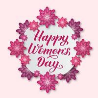 Happy Womens Day calligraphy lettering with pink and puprle paper cut flowers. International womens day greeting card. Vector illustration. Perfect for banner, poster, invitation, postcard, etc.