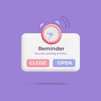 3d vector new reminder rectangle window push notification with alarm clock timer icon template design