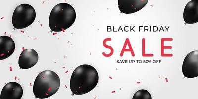 3d vector white background for Black Friday Sale with realistic banner  glossy black render balloon template and red confetti design