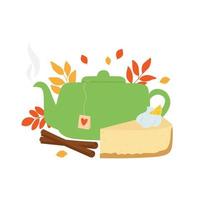 Green teapot, cheesecake, cinnamon sticks and autumn leaves. Template for cozy autumn design. vector