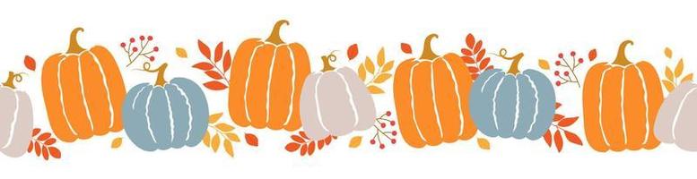 Seamless border of colorful pumpkins, autumn leaves and berries. Template for cozy autumn design. vector