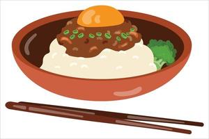 Japanese curry rice with meat, carrot, onion and egg in bowl. Hand drawn vector illustration. Suitable for website, stickers, menu.