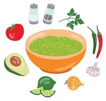 guacamole con ingredientes. salsa de aguacate mexicana en un tazón de naranja. adecuado para sitio web, pegatinas, menú. vector