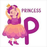 alfabeto con caracteres. La letra p es una princesa. ilustración vectorial dibujada a mano. adecuado para sitios web, pegatinas, tarjetas de felicitación, productos para niños. vector