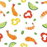 Shrimp and vegetables seamless pattern. Hand drawn vector illustration. Suitable for web background, gift paper, fabric or textile.