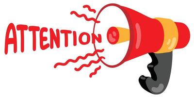 Megaphone with the inscription - attention. Hand drawn vector illustration. Suitable for website, stickers.