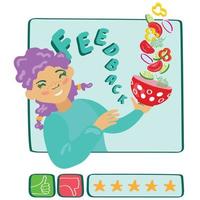 Girl has prepared a salad and is waiting for reviews. Feedback concept. Hand drawn vector illustration. Suitable for website, presentations.