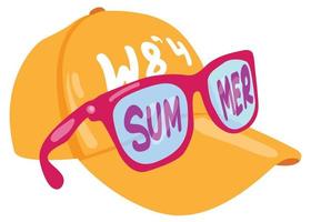 gorra de béisbol y gafas de sol con una inscripción encriptada - esperando el verano. adecuado para pegatinas, postales, textiles. vector