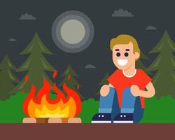 a man in the forest kindled a fire and warmed himself. flat vector illustration.