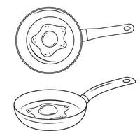 Fried egg in a frying pan, black outline, line, vector illustration