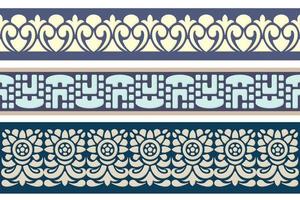 Seamless color trim set. Abstract repeating motifs. Lace ribbon tape, endless repeating trim pattern. vector