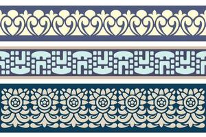 Seamless color trim set. Abstract repeating motifs. Lace ribbon tape, endless repeating trim pattern. vector