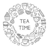 Hand drawn set of Tea time doodle icons. Teapots, cups, lemon and sweets in sketch style. Vector illustration isolated on white background