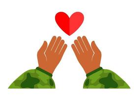 Hands in camouflage holds a heart. A symbol of care and protection. Symbol of life vector