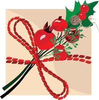 caja de regalo envuelta en papel beige decorada con una rama de la planta de cerezo con sus hojas verdes y unida a la caja de regalo con una cinta roja vector