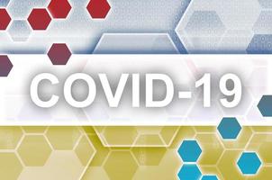 Ukraine flag and futuristic digital abstract composition with Covid-19 inscription. Coronavirus outbreak concept photo