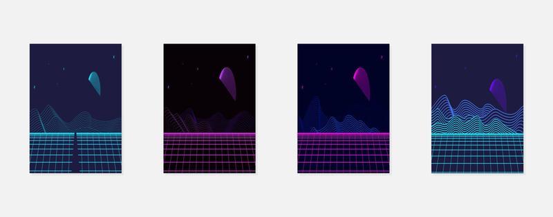 Retro futuristic landscape 1980s style poster or cover design template. Digital retro landscape cyber surface. 80s party background. Retro 80s fashion Sci-Fi Background. Digital Cyber Surface.