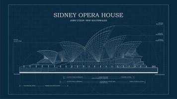 Sorong, West Papua, Indonesia, October 10th 2021. The blueprint vector image of Old style technical drawing of Sidney Opera House, Australia.