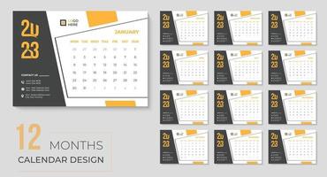 feliz año nuevo 2023 diseño de calendario de escritorio, plantilla de calendarios imprimibles de eventos amarillos mensuales y anuales para agencia comercial vector