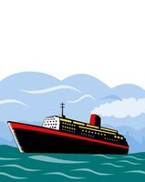 Ocean Liner Cruise Ship or Passenger Vessel at Sea Isolated Retro Woodcut Style vector