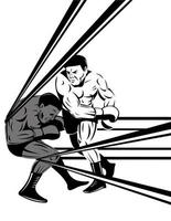 Boxer on the Ropes with Prizefighter Connecting Knockout Punch Retro Woodcut Style vector