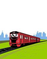 Diesel Passenger Train on Railroad Track with Cityscape Isolated Retro Style vector