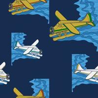 Editable Aerial Three-Quarter Oblique Front View Pontoon Floating Plane on a Wavy Lake Vector Illustration as Seamless Pattern for Creating Background of Transportation or Recreation Related Design