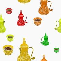 Editable Patterned Bulbous Dallah Coffee Pots and Finjan Cups Vector Illustration in Various Colors as Seamless Pattern for Background of Arab Culture Tradition Cafe and Islamic Moments Related Design