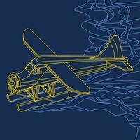 Editable Aerial Three-Quarter Oblique Front View Pontoon Floating Plane on a Wavy Lake Vector Illustration in Outline Style for Transportation or Recreation Related Design
