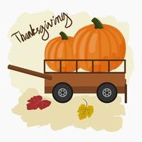 Editable Side View Pumpkins in Cart Vector Illustration with Foliage and Manual Lettering on Brush Strokes for Thanksgiving Greeting Design