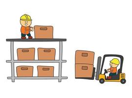 Kids drawing vector Illustration of Warehouse workers loading and arranging boxes with forklift truck in a cartoon style