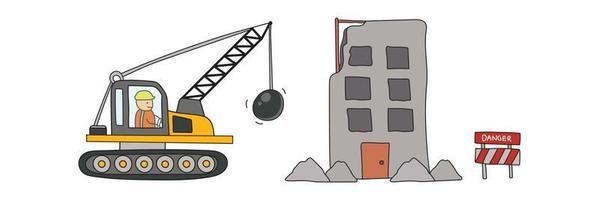 Kids drawing vector Illustration of construction site with demolition truck and wrecked building in a cartoon style