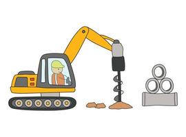 Kids drawing vector Illustration of funny construction worker drilling road with jackhammer in a cartoon style