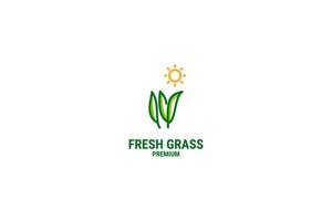 Creative fresh grass with sunrise logo design vector illustration