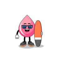 caricatura de mascota de jugo de fresa como surfista vector