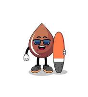 Mascot cartoon of chocolate drop as a surfer vector