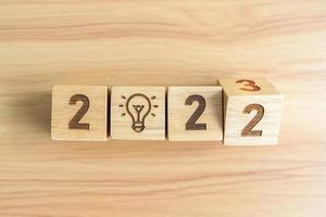 2022 change to 2023 block with lightbulb icon. Business Idea, Creative, Thinking, brainstorm, Goal, Resolution, strategy, plan, Action, change and New Year start concepts photo