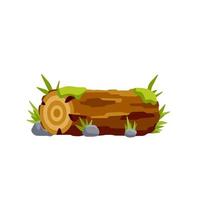 Vector brown log with green moss and stone. Building wood material, natural element. Environment of forest. Set of cartoon illustration