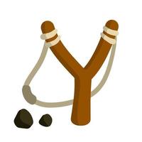 Slingshot. Wooden catapult. Children toy for throwing stones. Shooting and small rock. Flat cartoon illustration isolated on white background vector