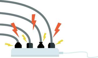 Electrical circuit. Shock, red lightning and yellow sparks from the outlet. Connector and plug. System overload. The problem with the appliance. Fire situation with smoke and safety. vector