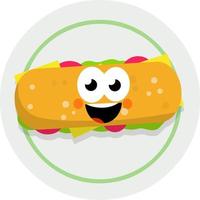 sándwich y hamburguesa larga con carne y verduras. ilustración plana de dibujos animados. pan de ciabatta. elemento de comida callejera y comida rápida vector