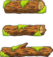 Vector brown log with green moss. Building wood material, natural element. Environment of forest. Set of cartoon illustration