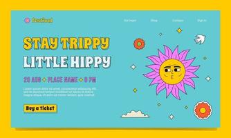 A festival landing page template in the groovy style. A colourful outlined illustration with a crazy sun with a face. vector