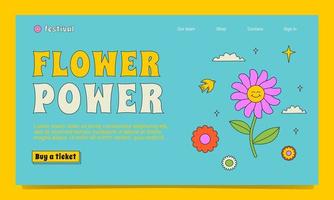 A bright landing page template in the groovy style. A positive outlined illustration with rainbow, flowers and clouds. vector