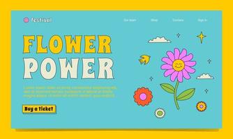 A bright landing page template in the groovy style. A positive outlined illustration with rainbow, flowers and clouds. vector