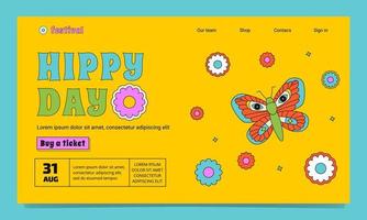 A inspirational landing page template in the groovy style. A acid outlined illustration with a butterfly, stars and flowers. vector