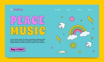 A colourful landing page template in the groovy style. A positive outlined illustration with rainbow, dove, flowers and clouds. vector