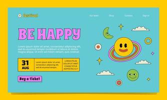 A bright landing page template in the groovy hippy style. A positive outlined illustration with a smiling planet, stars and clouds. vector