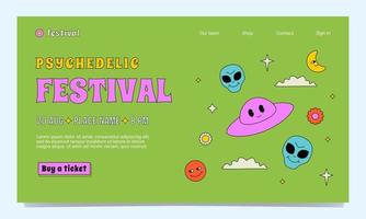 A psychedelic festival website template in the 1970s, 1960s style. A crazy outlined illustration with smiling ufo, aliens, clouds, flowers. vector