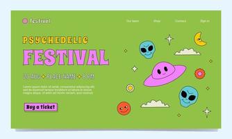 una plantilla de sitio web de festival psicodélico al estilo de los años 70 y 60. una loca ilustración esbozada con ovnis sonrientes, extraterrestres, nubes, flores. vector